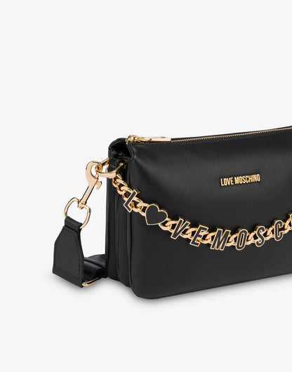 Black Logo Embellished Crossbody Bag with Bold Chain