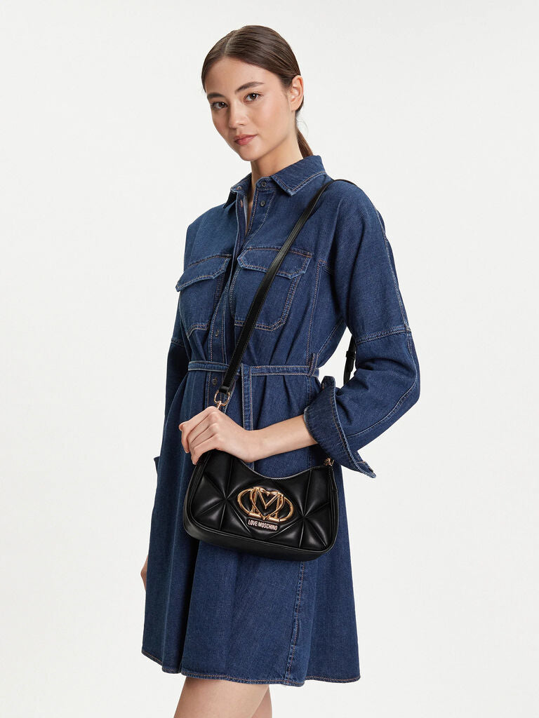 Black Quilted Shoulder Bag with Gold Accents