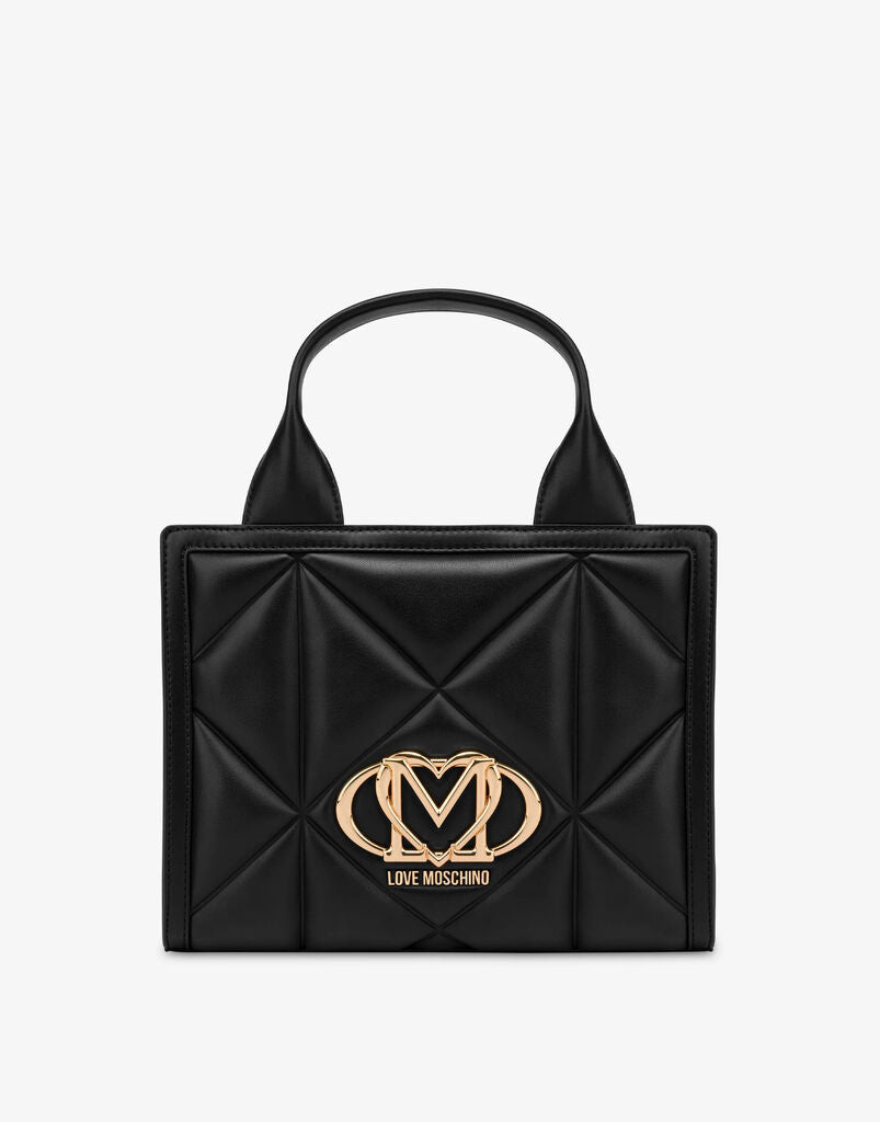 Black Quilted Tote Bag with Gold Accents
