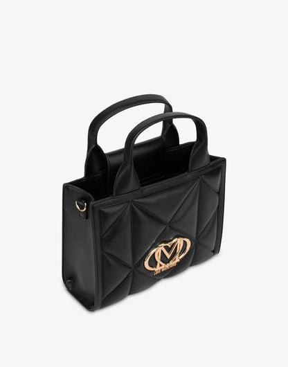 Black Quilted Tote Bag with Gold Accents