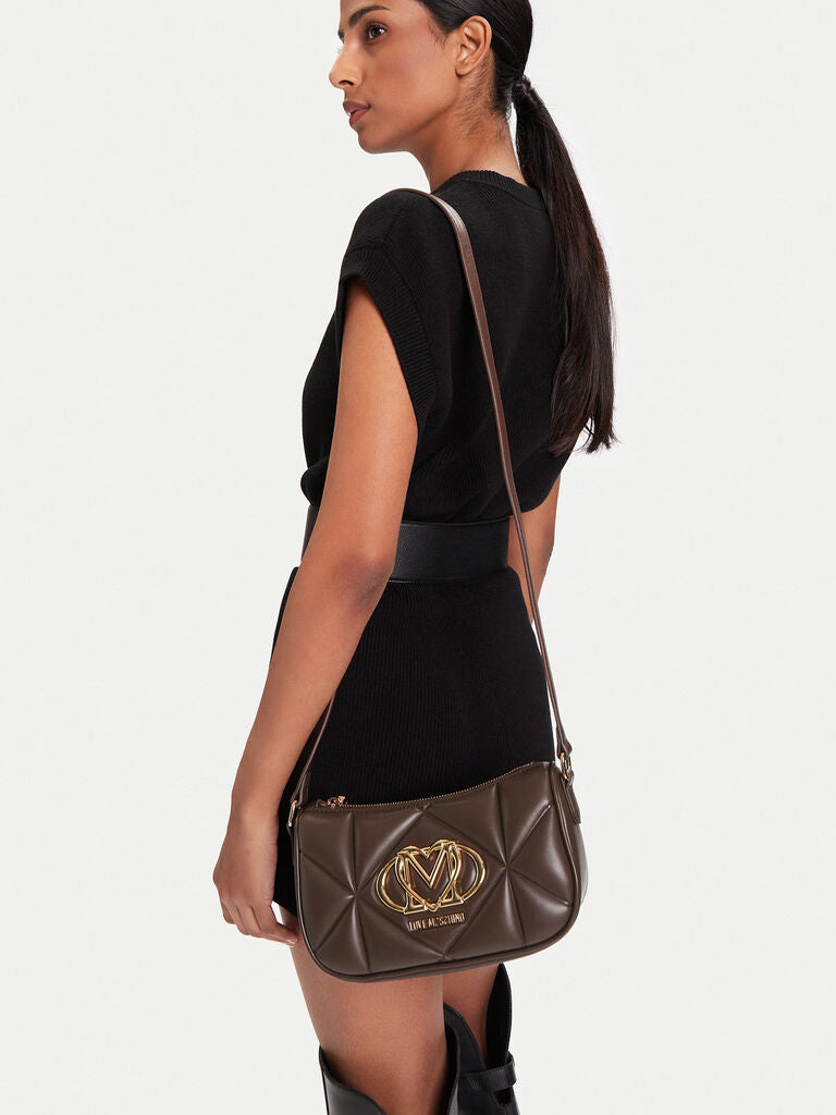 Brown Quilted Crossbody Bag with Gold Accent