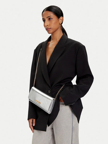 Silver Metallic Clutch with Chain Strap