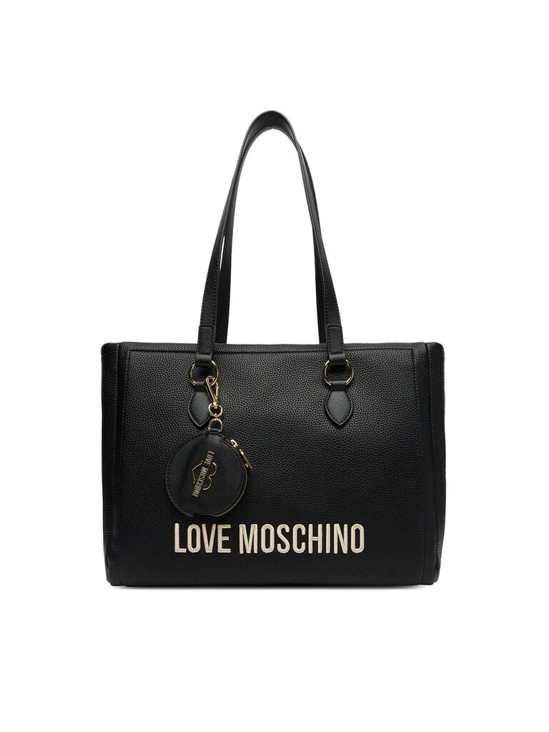 Black Textured Tote Bag with Logo Charm