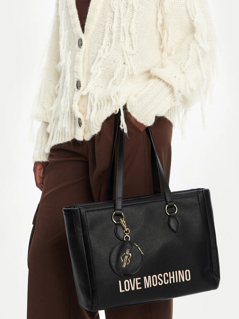 Black Textured Tote Bag with Logo Charm