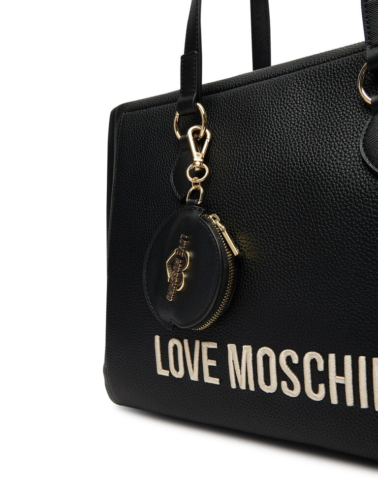 Black Textured Tote Bag with Logo Charm
