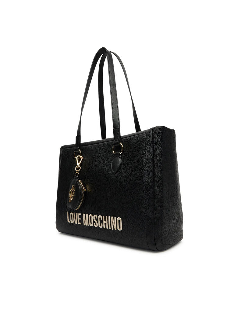 Black Textured Tote Bag with Logo Charm