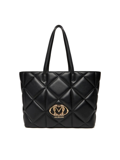 Black Quilted Tote Bag with Gold Logo Emblem