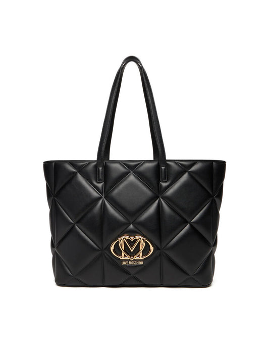 Black Quilted Tote Bag with Gold Logo Emblem