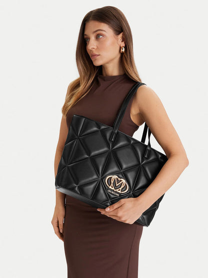 Black Quilted Tote Bag with Gold Logo Emblem