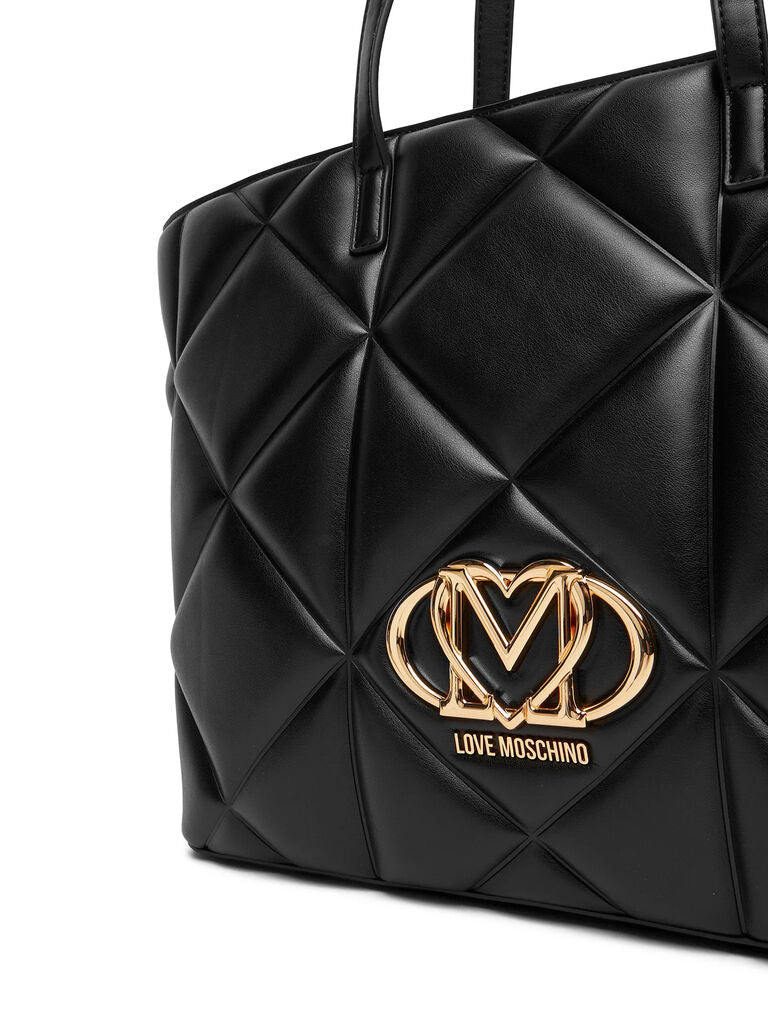 Black Quilted Tote Bag with Gold Logo Emblem