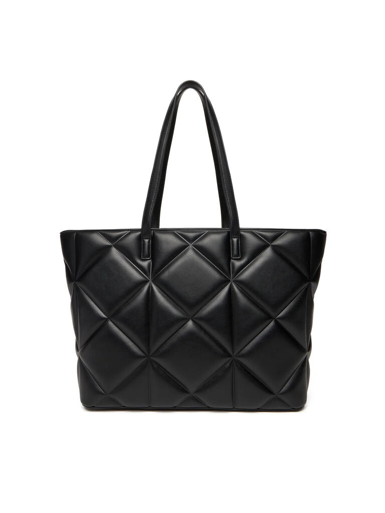 Black Quilted Tote Bag with Gold Logo Emblem