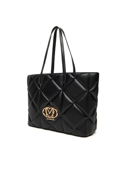 Black Quilted Tote Bag with Gold Logo Emblem