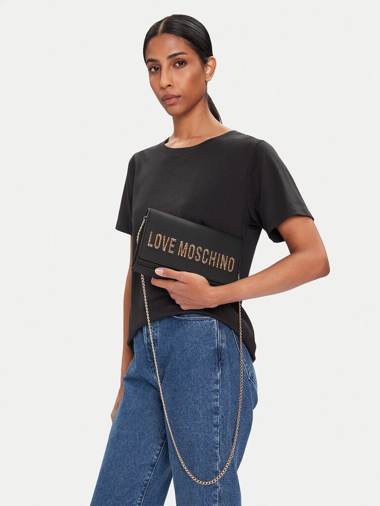 Black Textured Crossbody Bag with Gold Chain