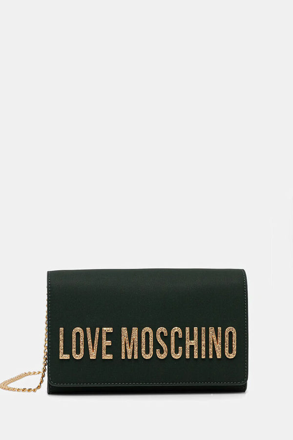 Dark Green Faux Leather Clutch with Logo Accent