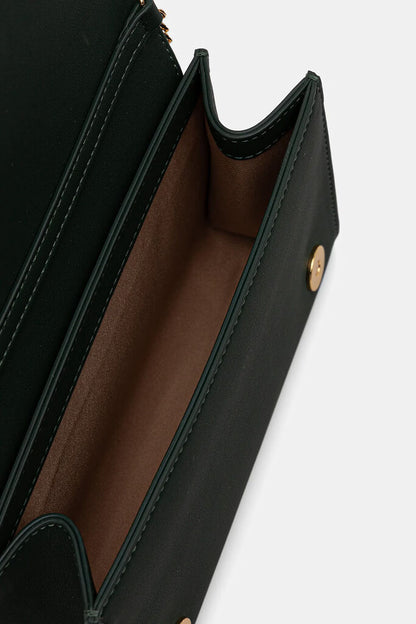 Dark Green Faux Leather Clutch with Logo Accent