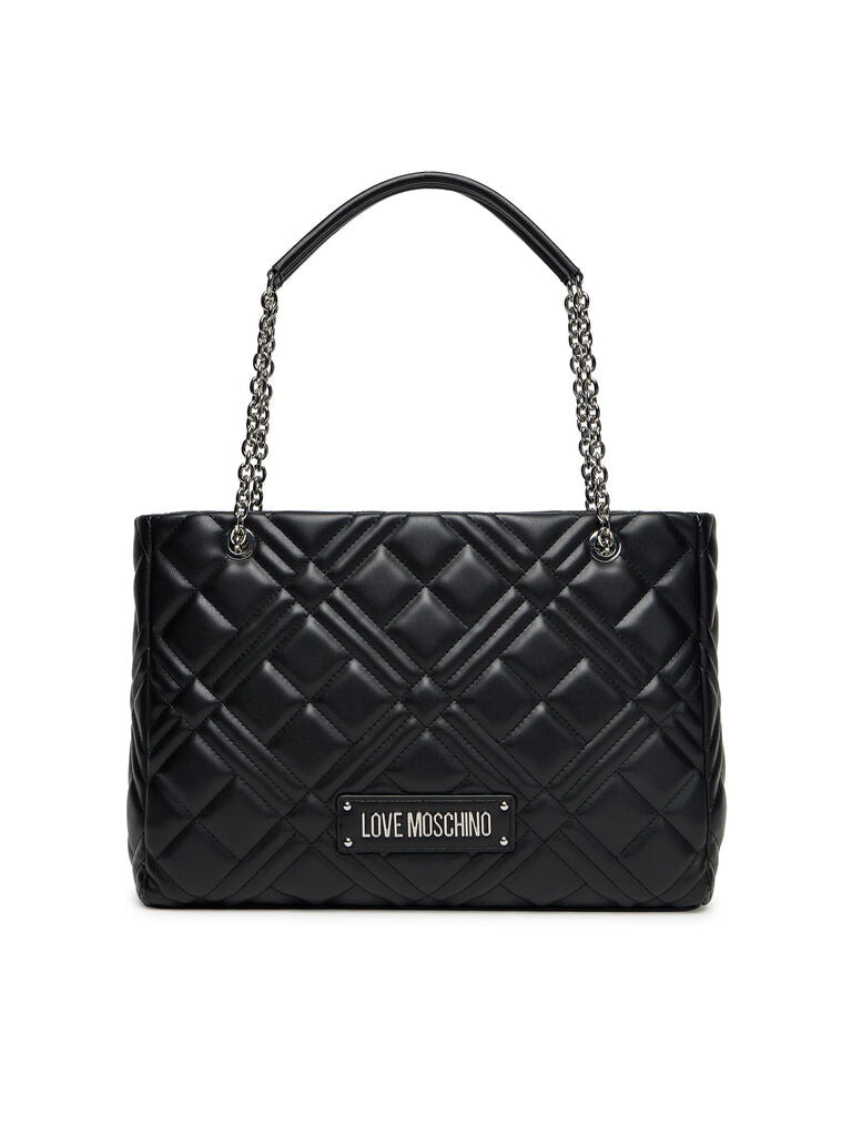 Black Quilted Tote Bag with Chain Details