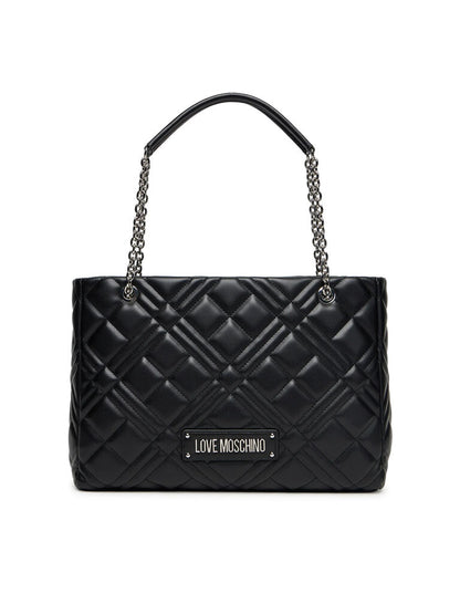 Black Quilted Tote Bag with Chain Details
