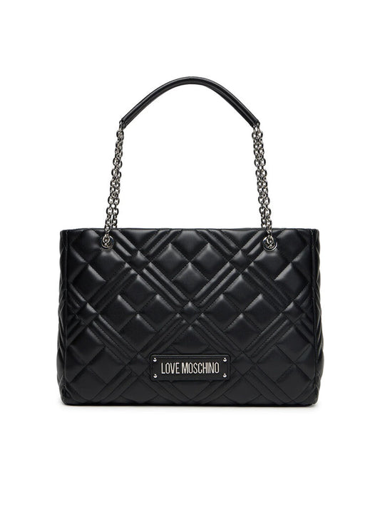Black Quilted Tote Bag with Chain Details