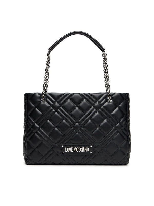 Black Quilted Tote Bag with Chain Details