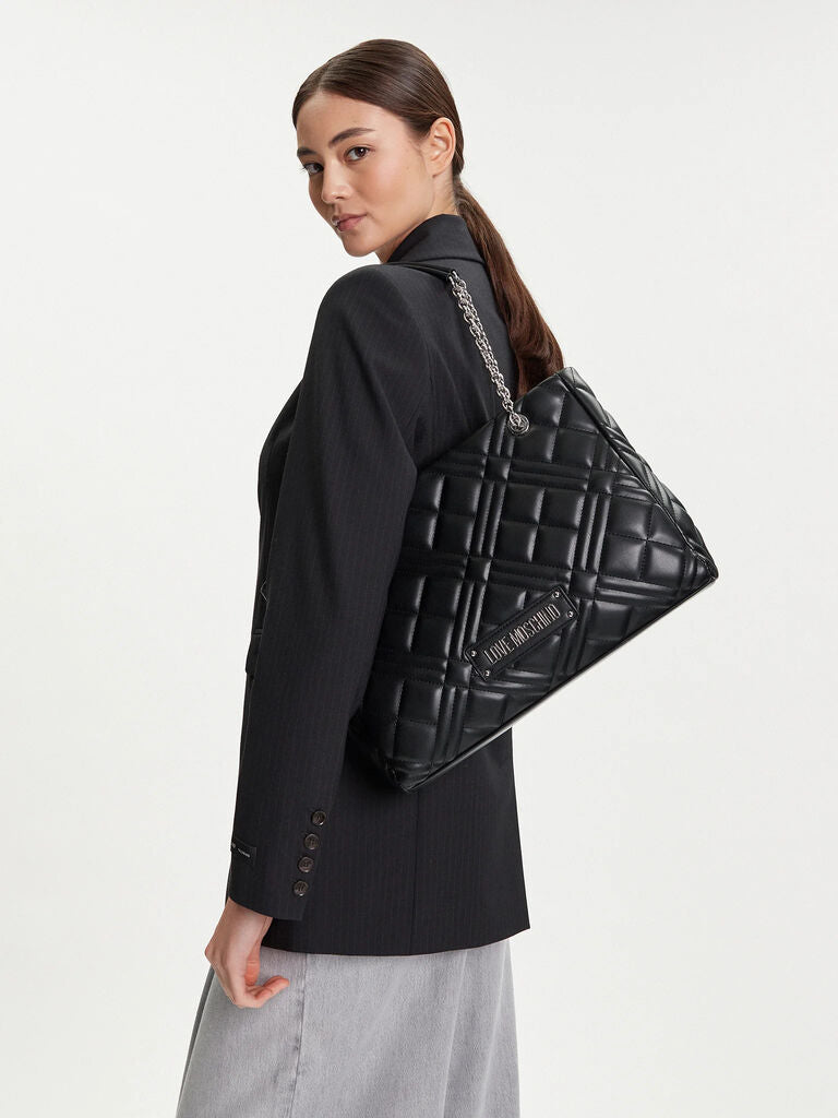 Black Quilted Tote Bag with Chain Details