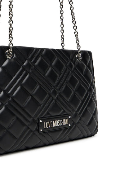 Black Quilted Tote Bag with Chain Details