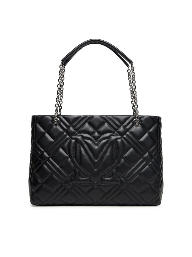 Black Quilted Tote Bag with Chain Details