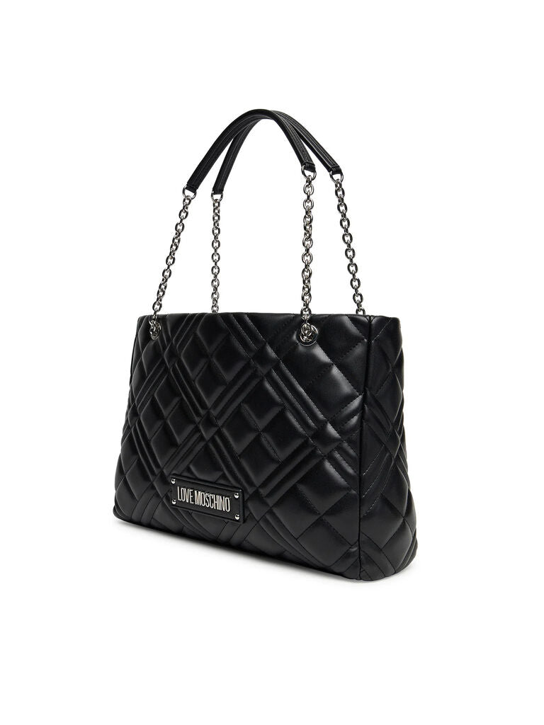 Black Quilted Tote Bag with Chain Details