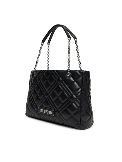 Black Quilted Tote Bag with Chain Details