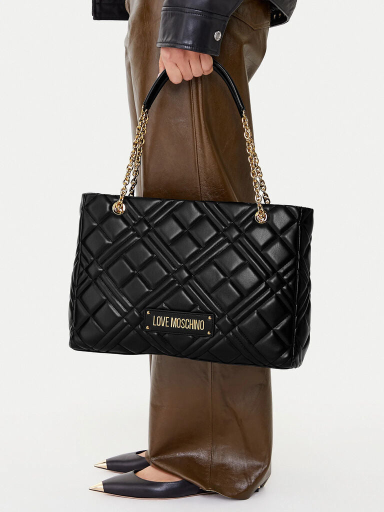 Black Quilted Tote with Chain Handles