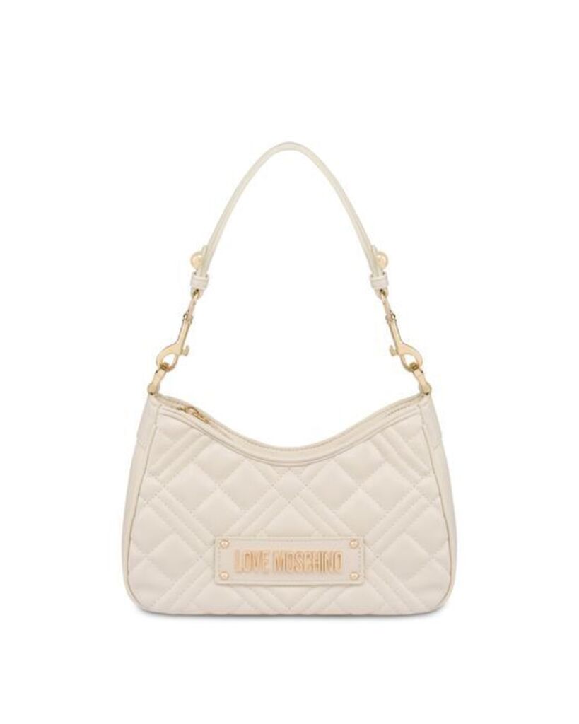 Cream Quilted Shoulder Bag with Gold Accents