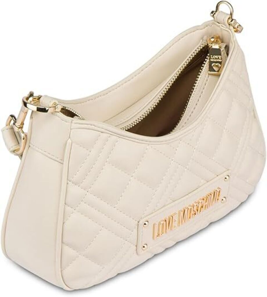 Cream Quilted Shoulder Bag with Gold Accents