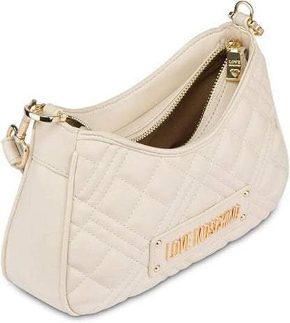 Cream Quilted Shoulder Bag with Gold Accents
