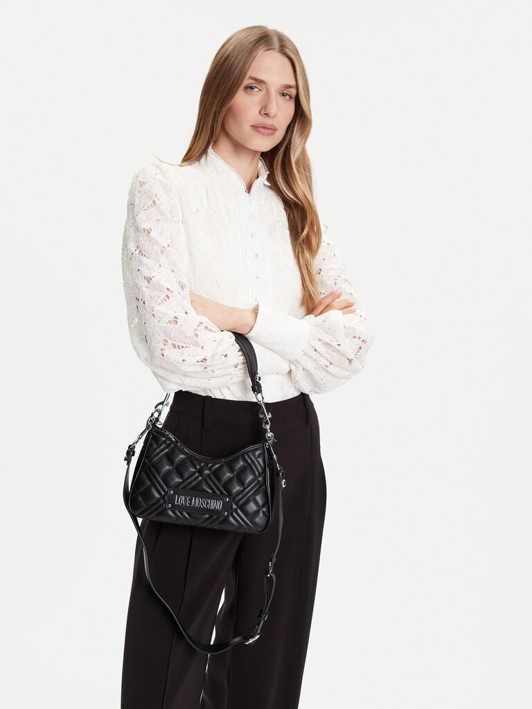 Black Quilted Shoulder Bag with Logo Detail