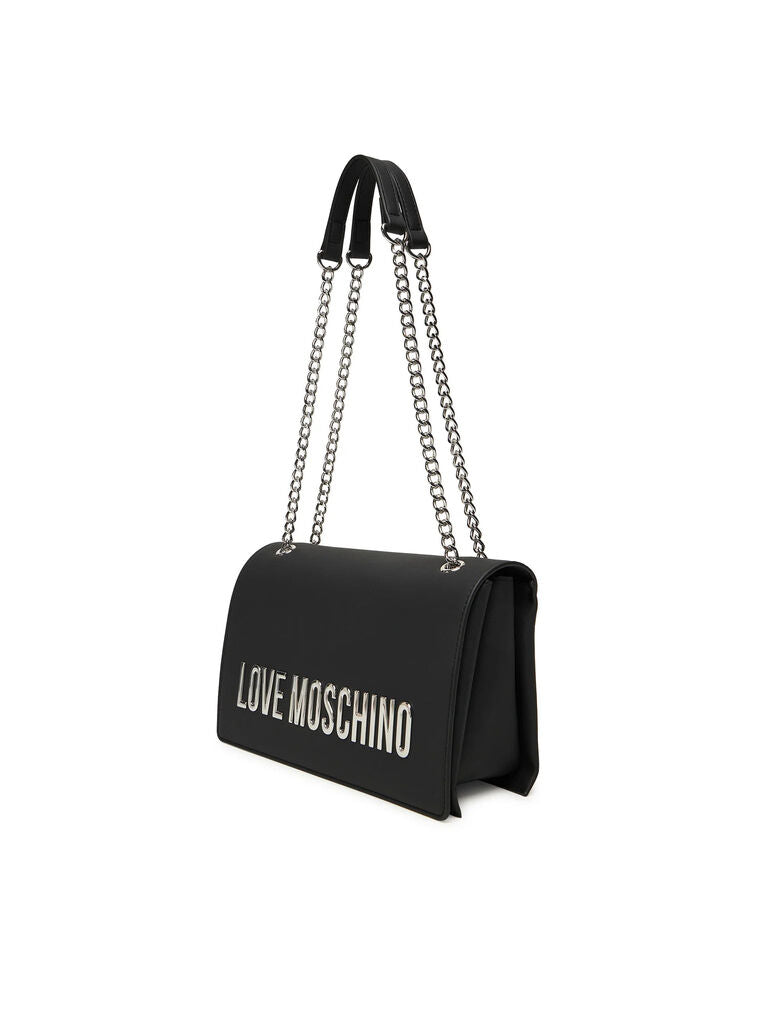 Black Faux Leather Chain Strap Shoulder Bag