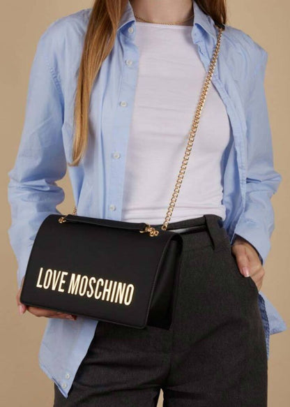 Black Faux Leather Shoulder Bag with Gold Logo