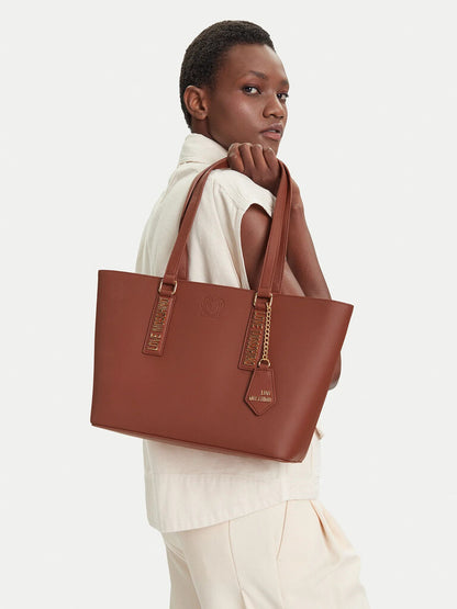 Brown Faux Leather Tote with Embossed Logo Detail