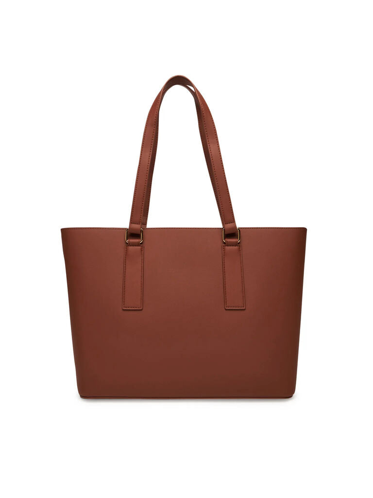 Brown Faux Leather Tote with Embossed Logo Detail