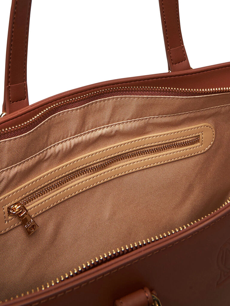 Brown Faux Leather Tote with Embossed Logo Detail