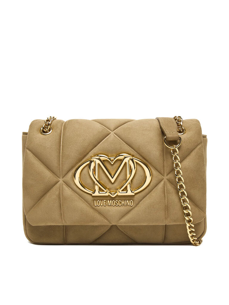 Beige Quilted Shoulder Bag with Gold Chain