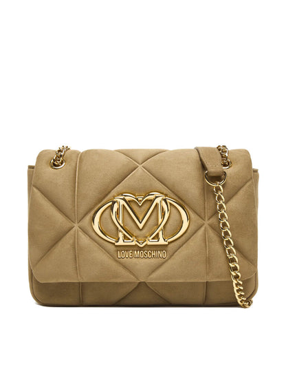 Beige Quilted Shoulder Bag with Gold Chain