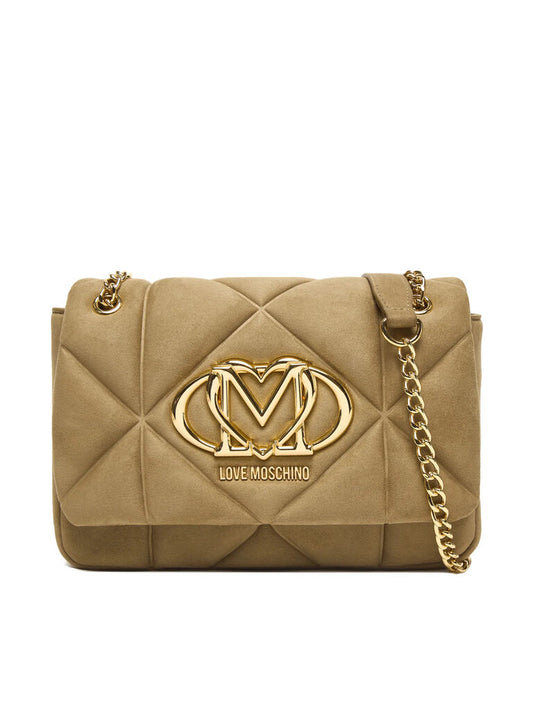 Beige Quilted Shoulder Bag with Gold Chain