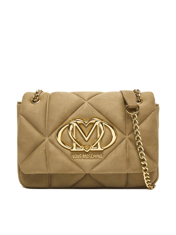 Beige Quilted Shoulder Bag with Gold Chain
