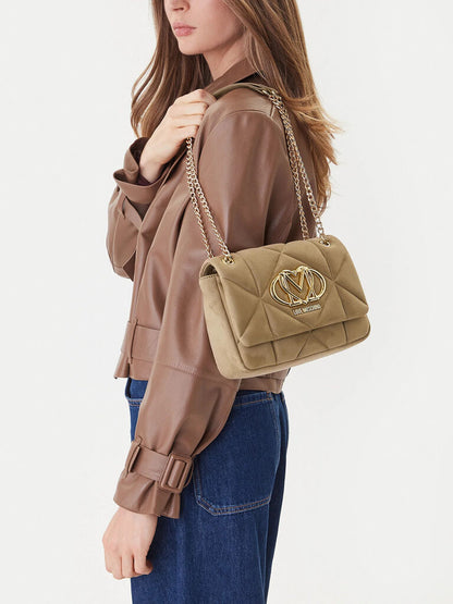 Beige Quilted Shoulder Bag with Gold Chain