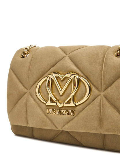 Beige Quilted Shoulder Bag with Gold Chain