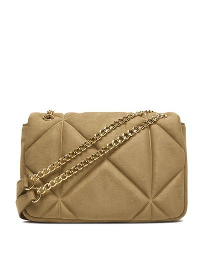 Beige Quilted Shoulder Bag with Gold Chain