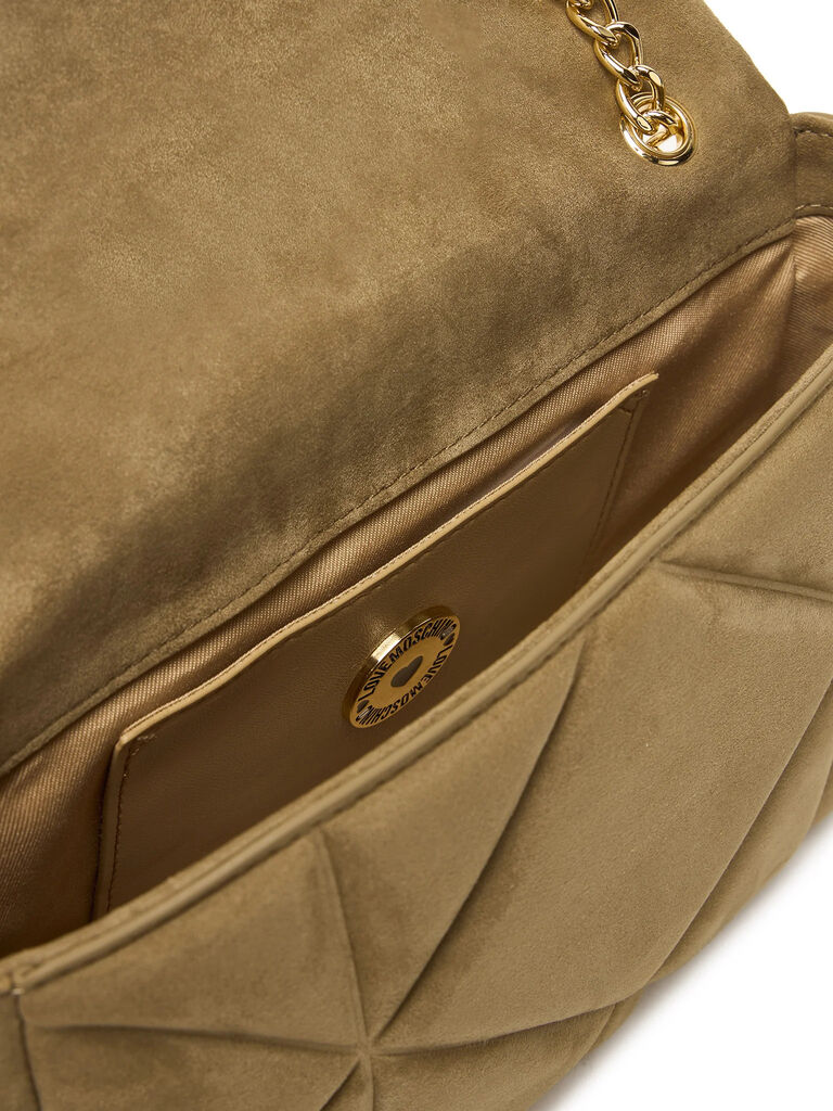 Beige Quilted Shoulder Bag with Gold Chain