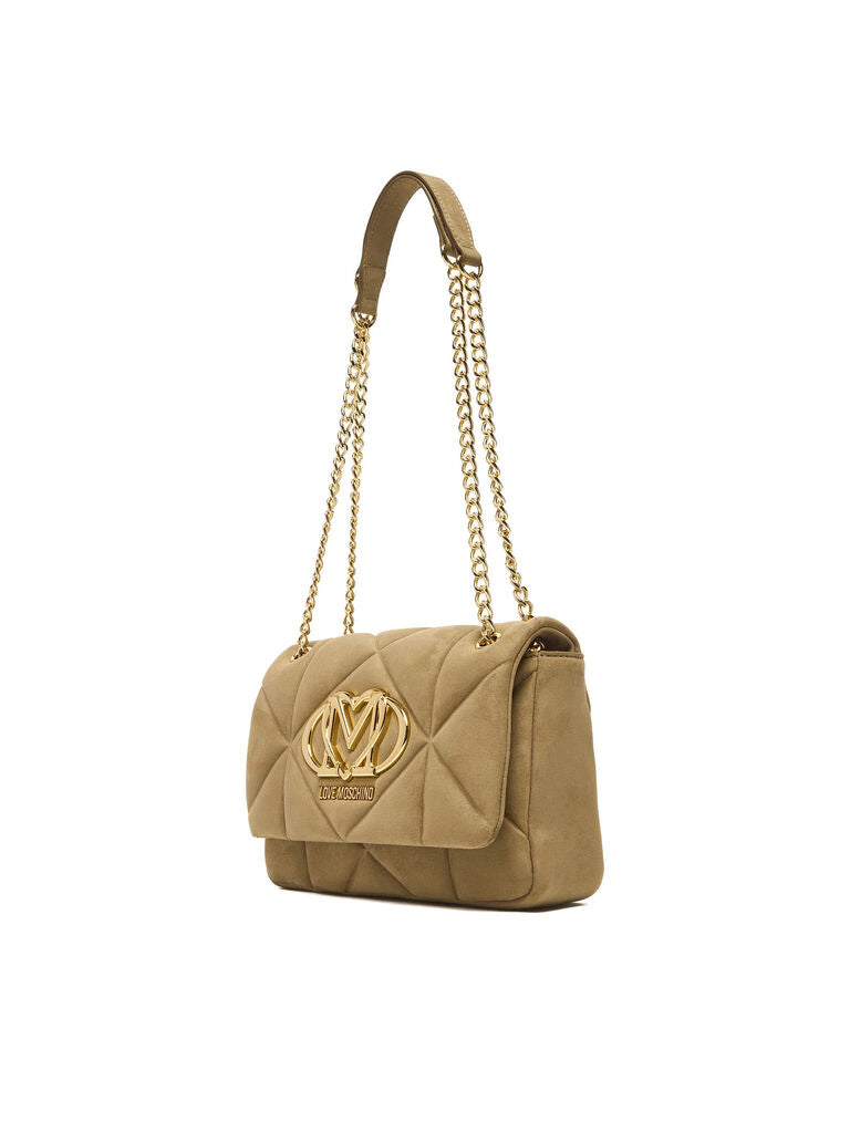 Beige Quilted Shoulder Bag with Gold Chain