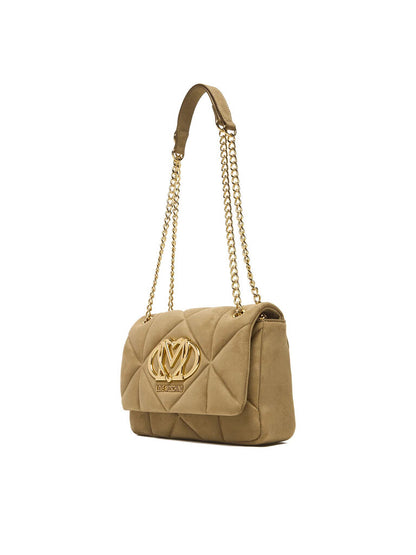 Beige Quilted Shoulder Bag with Gold Chain