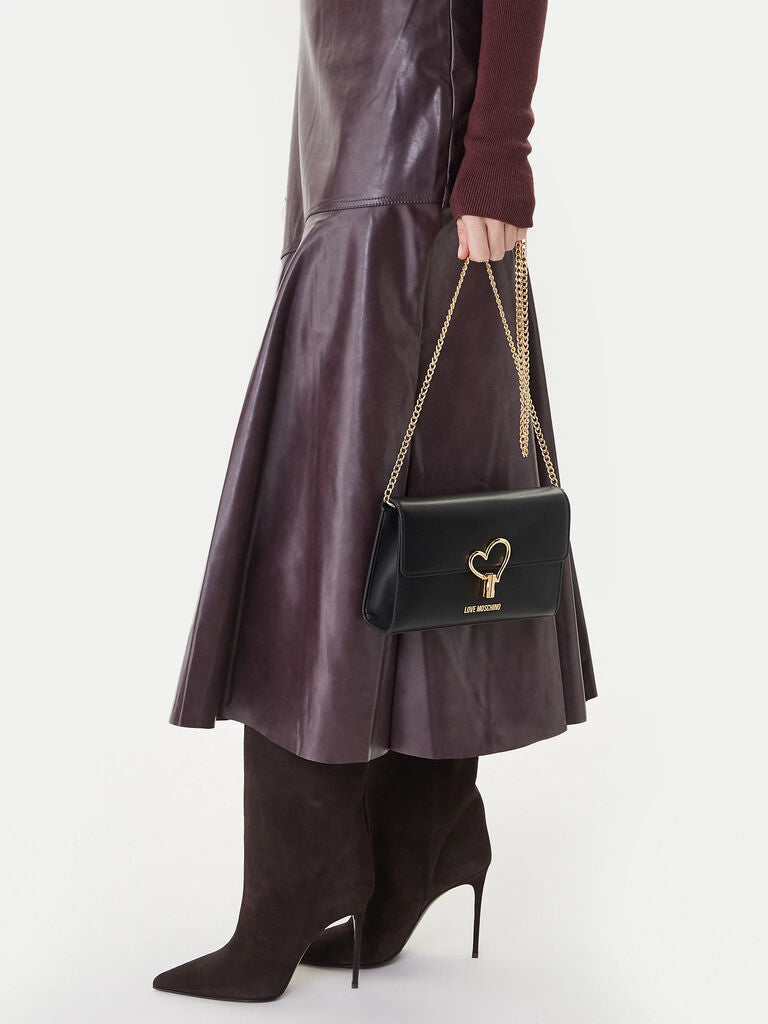 Black Faux Leather Crossbody Bag with Heart Detail