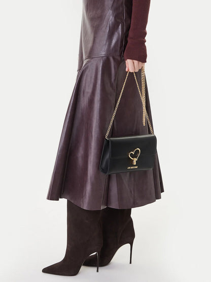 Black Faux Leather Crossbody Bag with Heart Detail